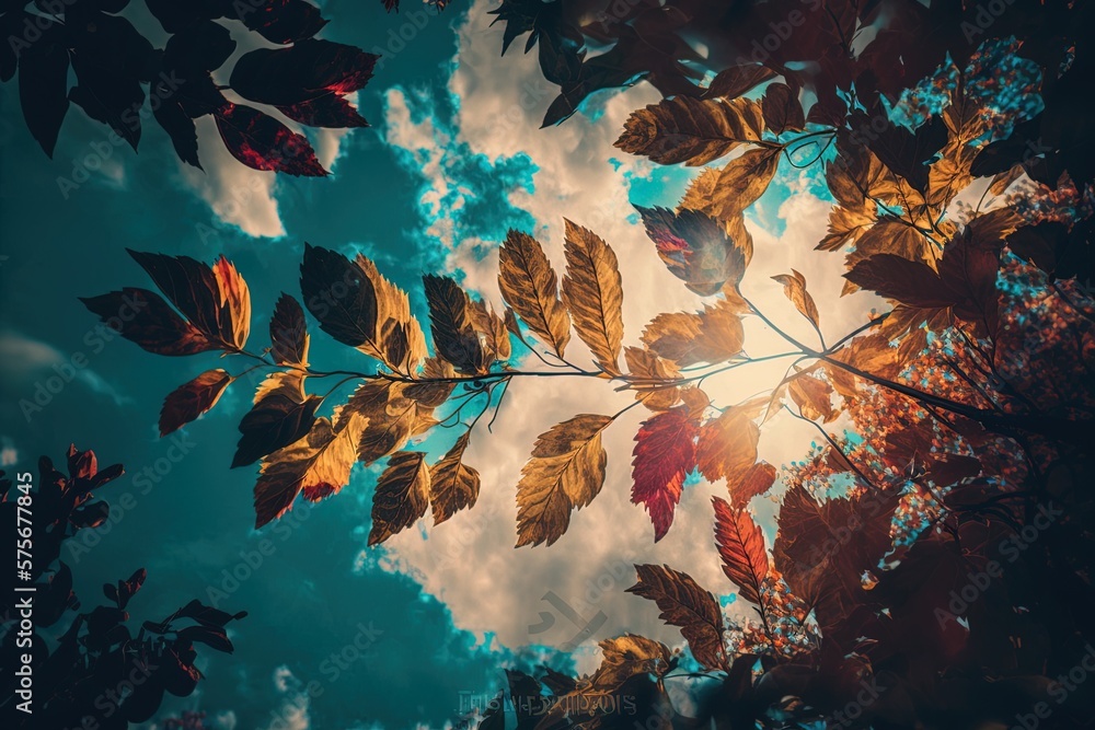 Poster leafy trees with bright colors and an overcast sky from a low vantage point. generative ai