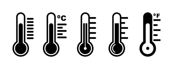 Set of  thermometer vector icons on white background. Black temperature sign. Scale with Celsius and Fahrenheit.