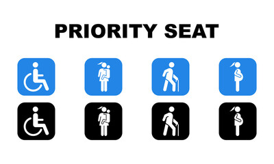 Set of blue and black priority seat vector signs. Priority seating for disability, pregnant woman, elderly person. Vector 10 Eps.