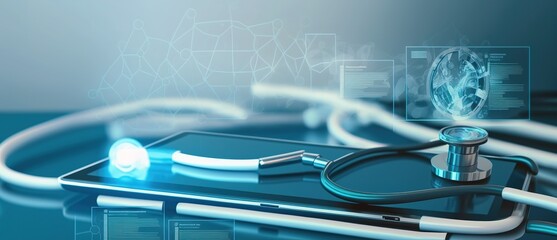 medical theme background with stethoscope and medical symbols, generative AI