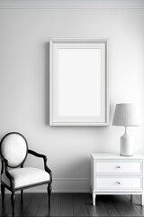 Un cadre photo vide blanc maquette minimaliste sur un mur avec des meubles en arrière-plan.