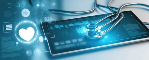 medical theme background with stethoscope and medical symbols, generative AI
