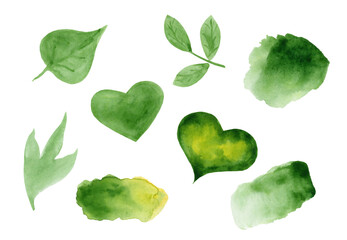 Set spring elements painted in watercolor on a white background. Illustration green Heart, Leaves, Spots