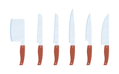 Kitchen utensils, set. Kitchen axe and various knives. Vector illustration.