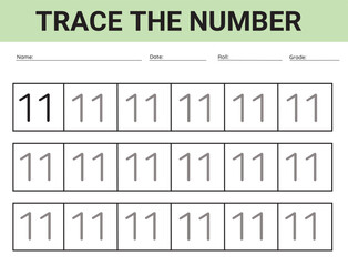 Number 11. card for kids learning to count and to write, worksheet for kids to practice writing skills, Vector illustration