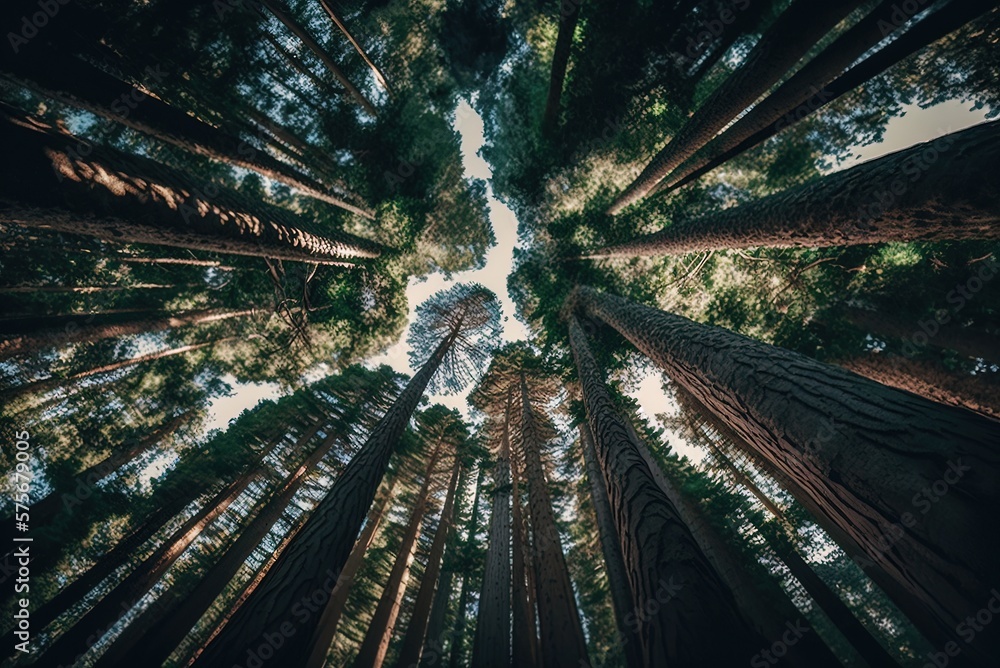 Poster wide view of redwood trees from the ground generative ai