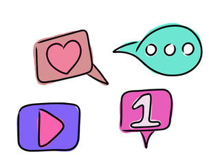 A social media concept. Hand drawn illustration of smartphone and other icons.