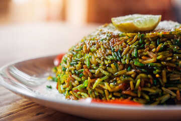 Biryani pilaf of multicolored rice with lime on top. A popular biryani dish in a cafe or restaurant in Asia