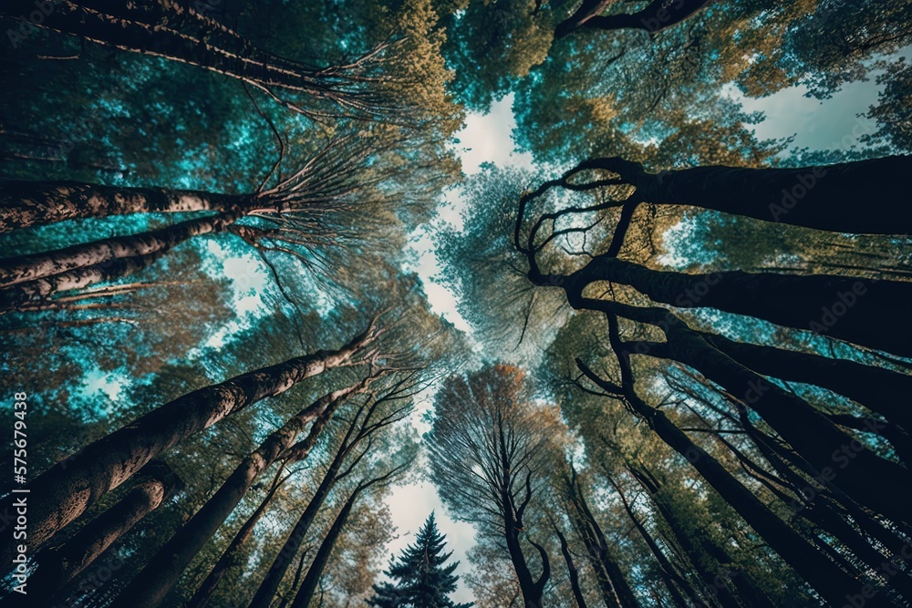 Poster image of trees from a low perspective in the woods generative ai