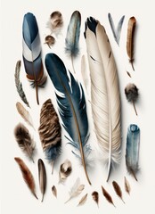 Top view illustration of colorful feathers on white background. Flat lay, overhead view. Concept for creativity. Generative AI.