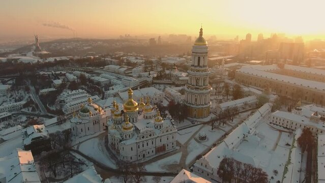 National Kyiv-Pechersk Historical Cultural Preserve. Aerial. Ukraine. Kyiv. Winter