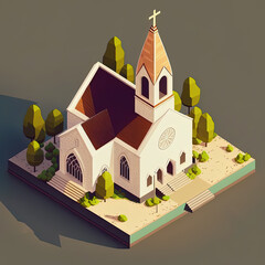 Cartoon town church. Game design isometry. Generative AI