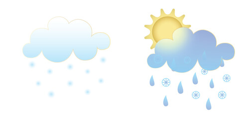 Set of weather icons. Glassmorphism style symbols for meteo forecast app. Elements Isolated on white background. Day winter autumn season sings. Sun, rain and snow clouds. Vector illustrations