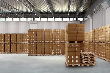 Pallets with boxes inside warehouse. Hangar for temporary storage. Factory warehouse without people. Storage of courier company. Industrial building with cardboard parcels. Warehouse interior. 