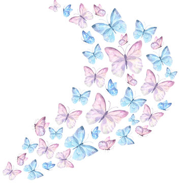 Watercolor illustration with delicate butterflies are pink, blue, flying in the stream. For the design and decoration of frames, banners, postcards, certificate
