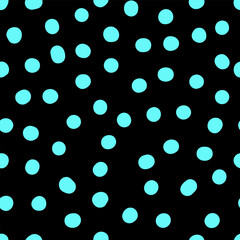 Seamless neutral polka dots pattern. Blue hand-drawn circles on black background. Abstract Random points ornament. Vector doodle illustration for wallpaper, fabric, print, wrapping paper, textile