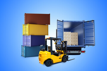 Logistic elements. Forklift near shipping containers. Open truck back view. Containers and equipment for logistics business. Transportation of goods. Logistics technology. 3d rendering.