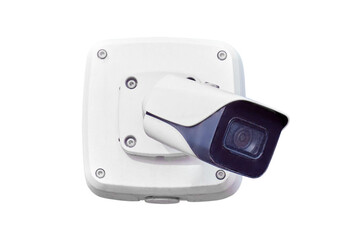 Video surveillance camera on the building, monitoring the security, isolated on a white background