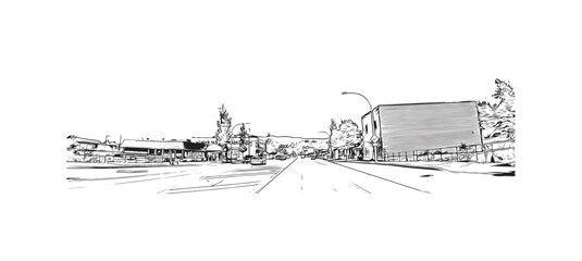 Building view with landmark of Port Alberni is the 
city in Canada. Hand drawn sketch illustration in vector. 