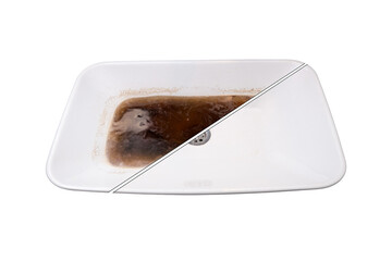 Unclog a bathroom sink. Before and after fixing the blockage problem, isolated on a white background