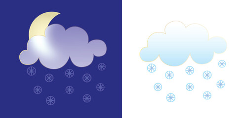 Set of weather icons. Glassmorphism style symbols for meteo forecast app. Elements Isolated on white background. Day and night winter season sings. Moon and snow clouds. Vector illustrations