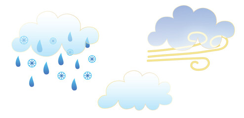 Set of weather icons. Glassmorphism style symbols for meteo forecast app. Elements Isolated on white background. Day autumn winter season sings. Wind, rain and snow clouds. Vector illustrations