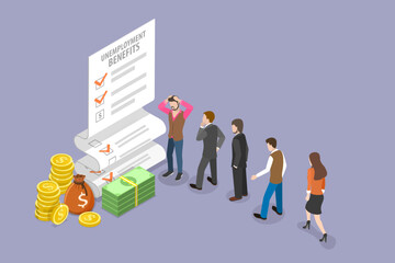 3D Isometric Flat Vector Conceptual Illustration of Unemployment Benefits, Government Financial Support