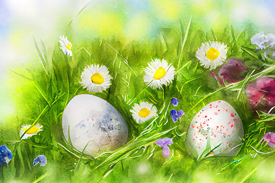 watercolor image of easter eaggs between flowers in the grass, generative ai. Generative AI