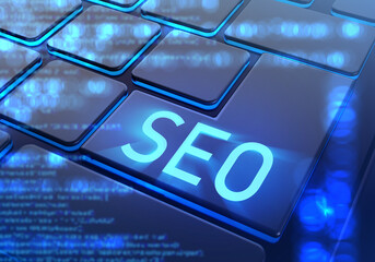 SEO Logo. Search engine optimization. SEO button on keyboard. Website promotion services concept. Website optimization for requirements of search engines. SEO advertising. 3d rendering.
