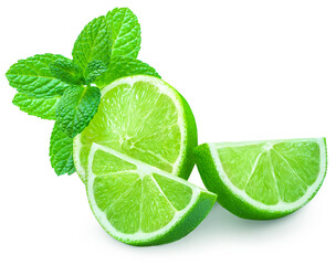 Lime isolated on white background. Lime citrus fruit with mint leaf  and slices closeup. Food compoition.