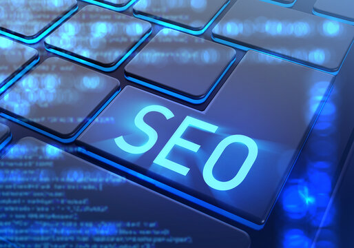 SEO Logo. Search engine optimization. SEO button on keyboard. Website promotion services concept. Website optimization for requirements of search engines. SEO advertising. 3d rendering.