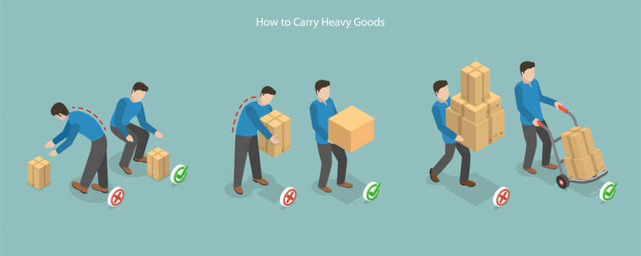 3D Isometric Flat Vector Conceptual Illustration of How To Carry Heavy Goods, Safe and Incorrect Weights Lifting