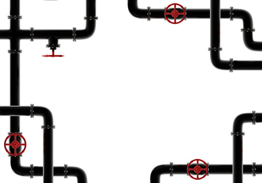 Pipes for engineering communications. Frame from pipes isolated on white. Place for text. Template for ads of engineering communications. Pipeline with pressure valves. Red taps on pipes. 3d image.