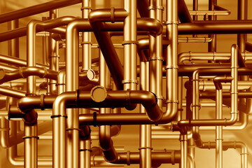 Industrial oil and gas system. Steel copper pipes. Golden industrial background. Tangled oil and gas pipeline. Pipes inside chemical factory. Pipes background. Texture, pattern. 3d image.