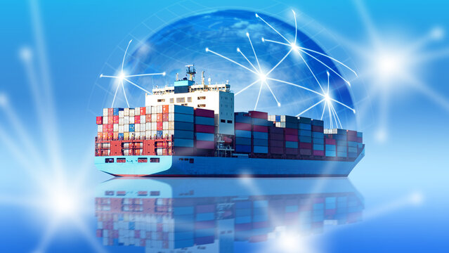 Container ship. International logistics. Ship transports containers across ocean. Sea transportation. Container ship near globe. Sea vessel on blue. Marine logistics. Vessel for export goods