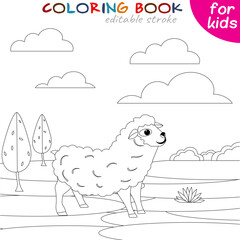 Sheep walk in the meadow. Coloring book page template for children.
