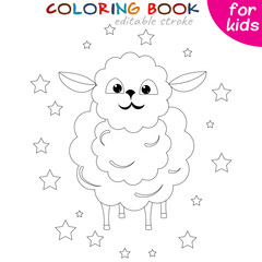 Little sheep on the background of stars Coloring book page template for children.