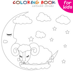 tired sheep sleeps on a cloud against the background of stars. Coloring book page template for children.