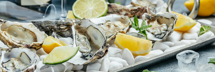 Opened oysters, ice on metal tray with lemon and ice. Restaurant menu, dieting, cookbook recipe