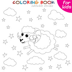 Sheep flies in the sky with stars. Coloring book page template for children. Vector illustration