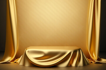 Platform or empty pedestal. Podium for product. Gold Drapery.