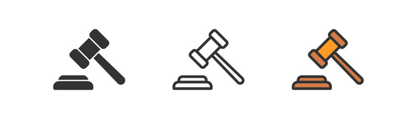 Judge gavel icon on light background. Auction symbol. Law, bid, lawyer, justice, verdict, criminal. Outline, flat and colored style. Flat design. Vector illustration.