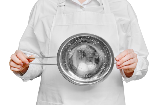 Chef with colander in hand on isolated on a white background, mockup copy space