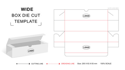 Rectangular auto lock box die cut template with 3D blank vector mockup