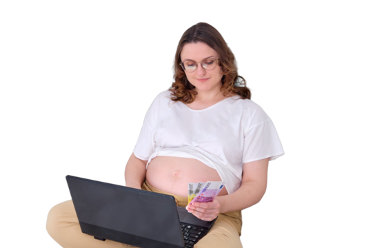 Money in the hands of a pregnant woman on the bed at home office, remote work and salary in euros, isolated on a white background