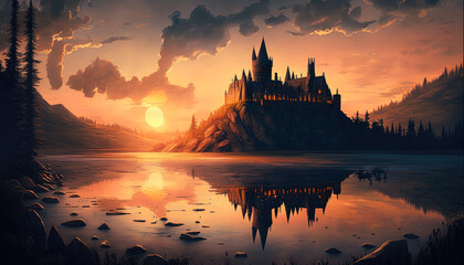 hogwarts castle sunset - Generative AI - obrazy, fototapety, plakaty
