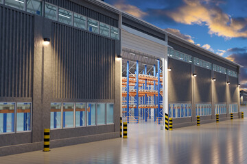 Distribution company warehouse. Facade of industrial building with open gates. Hangar for distribution business. Warehouse hangar exterior. Real estate for distribution business. 3d rendering. - obrazy, fototapety, plakaty