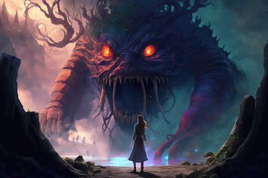 Mage woman summoning a giant creature. Colorful Landscape. 3D illustration. Digital Painting (ai generated)