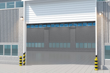 Empty building for plant. Fragment of industrial Hangar, close-up. Tall one-story building for plant. Empty hangar with open gates. Plant real estate. Industrial concept. 3d rendering.