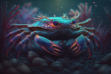 crab, neon style, close-up, portrait, bright background, nature background, high quality, high detail, 8k, Generative AI